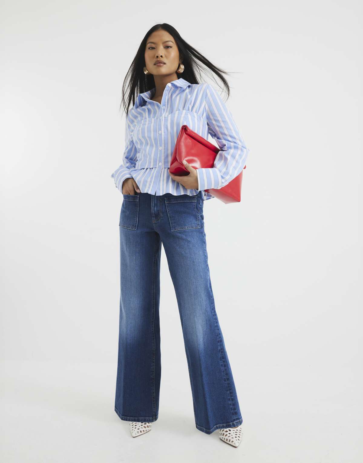 River Island Petite Petite high rise relaxed flare jeans in denim - medium