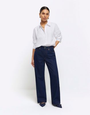 River Island Petite high waisted straight jeans in denim blue