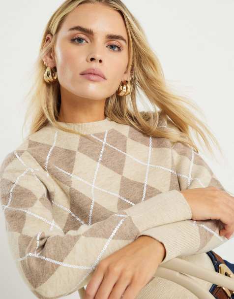 River Island Petite Petite knitted long sleeve argyle top in beige - light - view 1