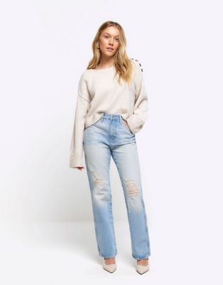 River Island Petite Petite ripped stove pipe straight jeans in denim - light