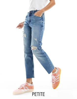 River Island Petite Petite slim straight ripped jeans in denim - medium - ASOS Price Checker