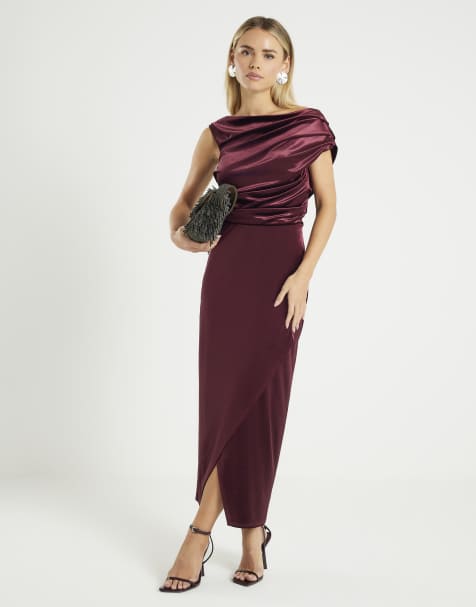 River Island Petite Petite velvet drape midi dress in purple - dark