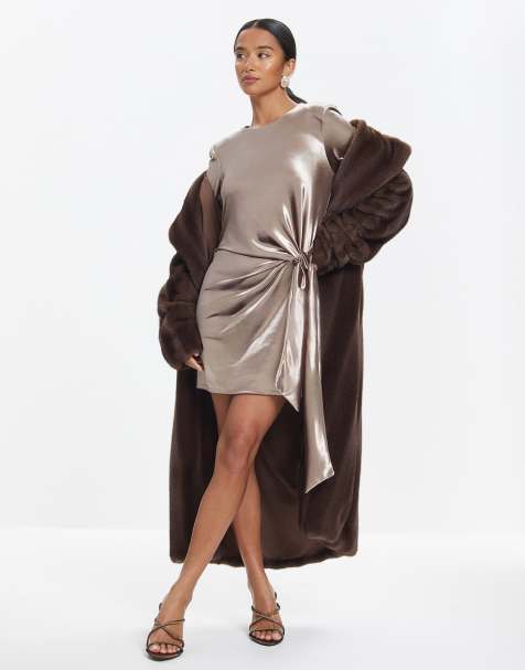 River Island Petite Petite velvet tie side mini dress in brown - light