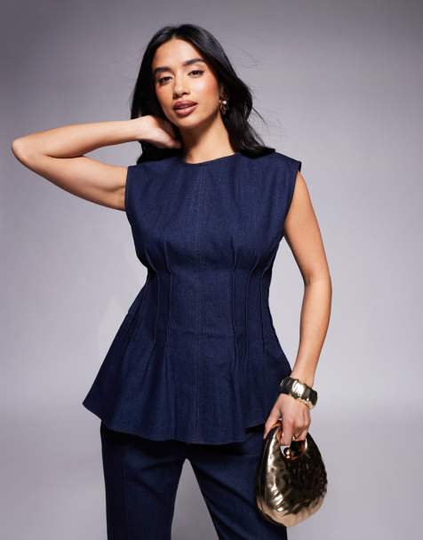 River Island Petite pintuck denim poplin top co-ord in darkwash blue 