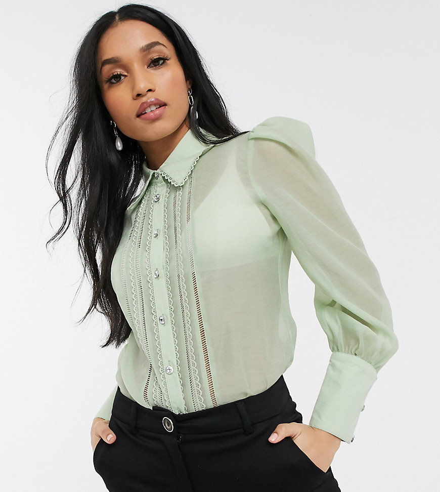 River Island Petite pleated front shirt in sage green