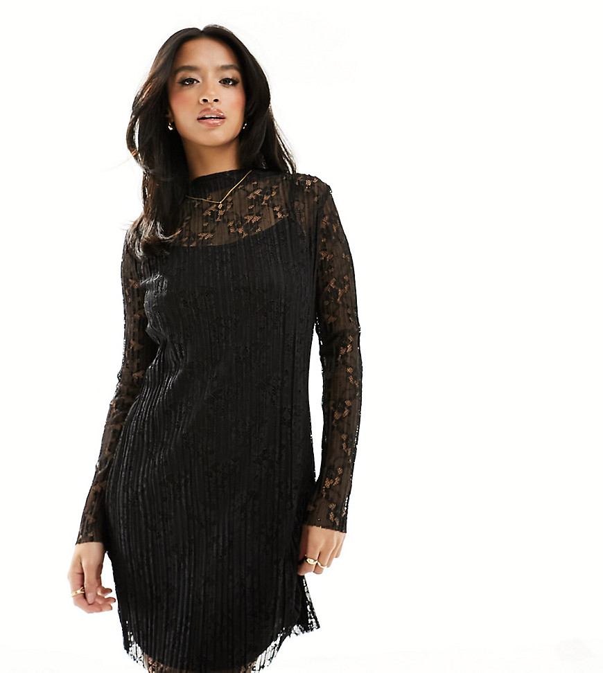 River Island Petite pleated lace mini dress in black