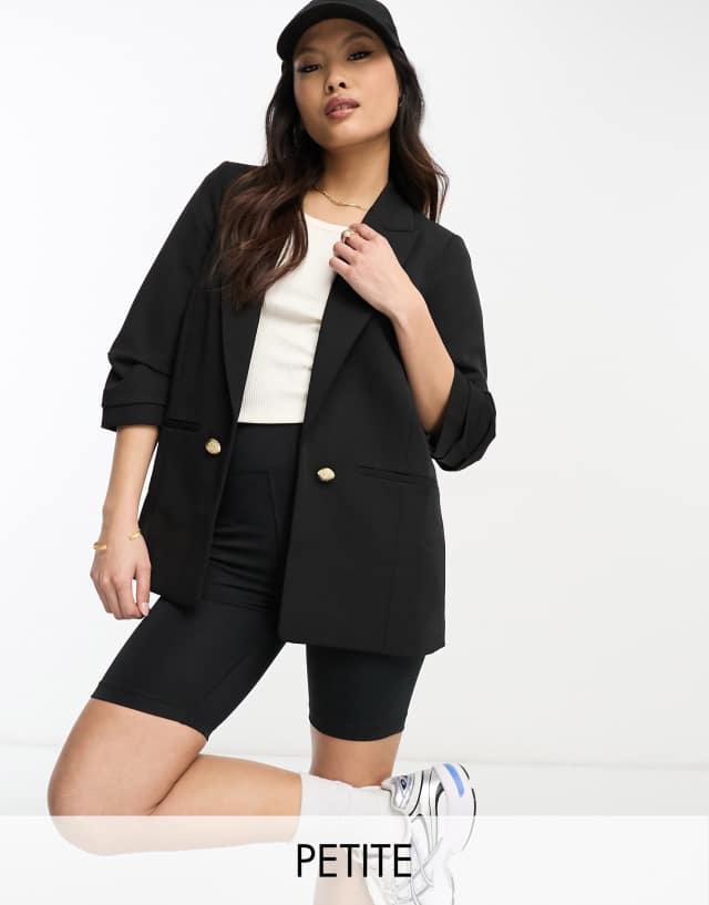 River Island Petite pleated sleeve blazer in black