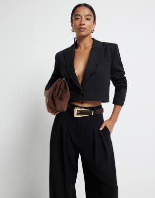 River Island Petite Pleated Wide Leg Pants In Black