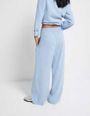 River Island Petite Pleated Wide Leg Pants In Blue