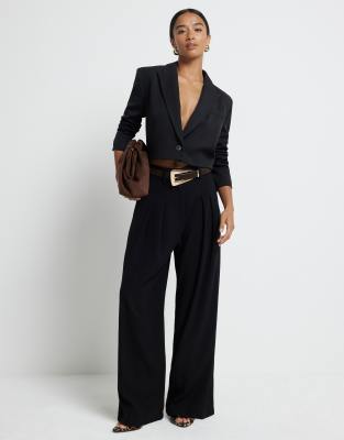 River Island Petite pleated wide leg trouser in black φωτογραφία