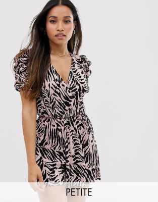 River Island Petite plisse playsuit in pink palm print | ASOS