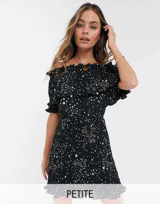 River Island Petite plisse star print bardot dress in black