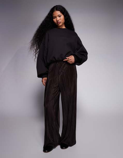 River Island Petite plisse wide leg trousers in dark brown
