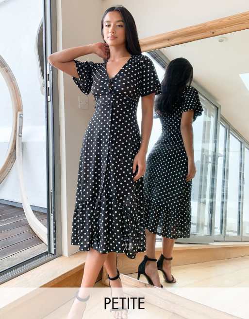 River Island Petite polka dot button through midi dress in black