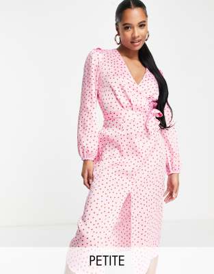 River Island Petite polka dot tie front midi dress in pink