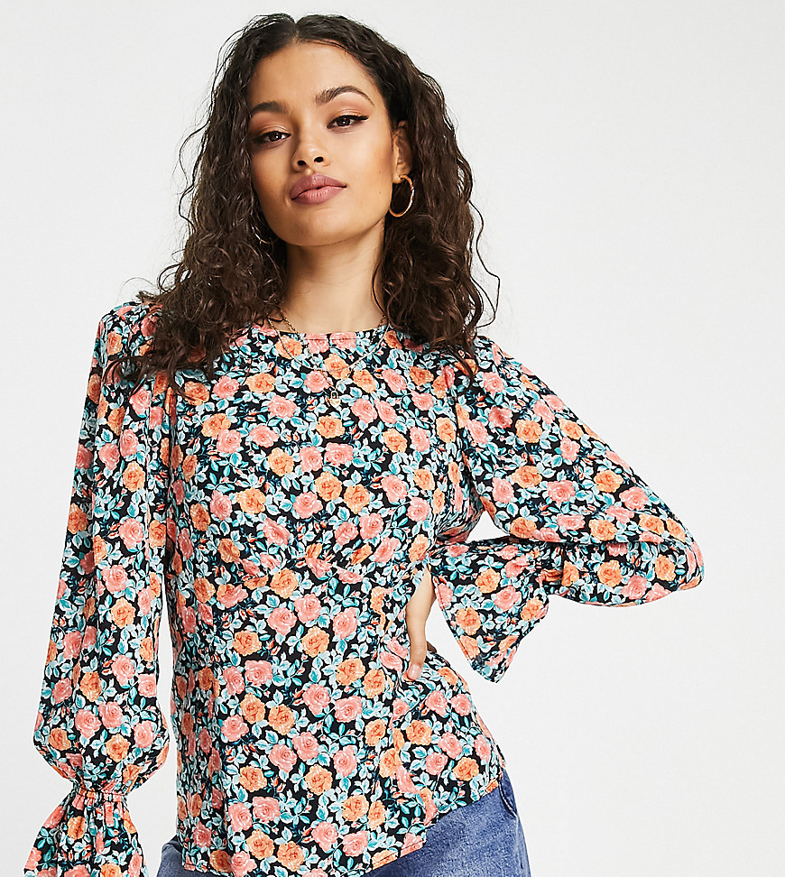 River Island Petite Puff Sleeve Floral Blouse In Black