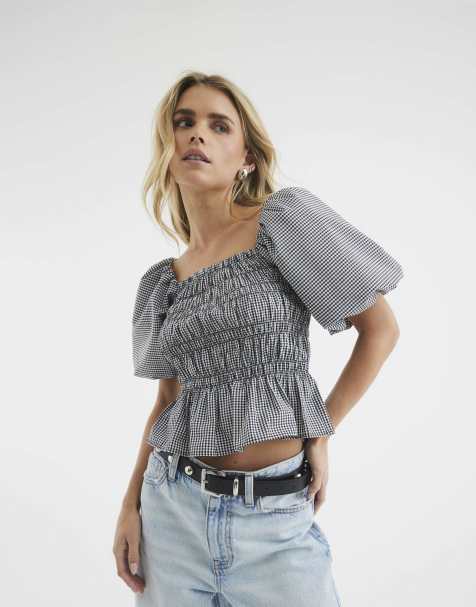 River Island Petite puff sleeve gingham shirred top in black - view 1