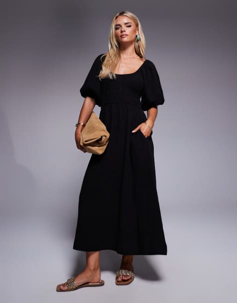 River Island petite puff sleeve linen look midi dress in black - view 1