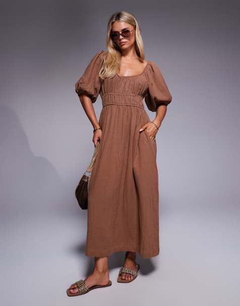 River Island petite puff sleeve linen look midi dress in stone - view 1
