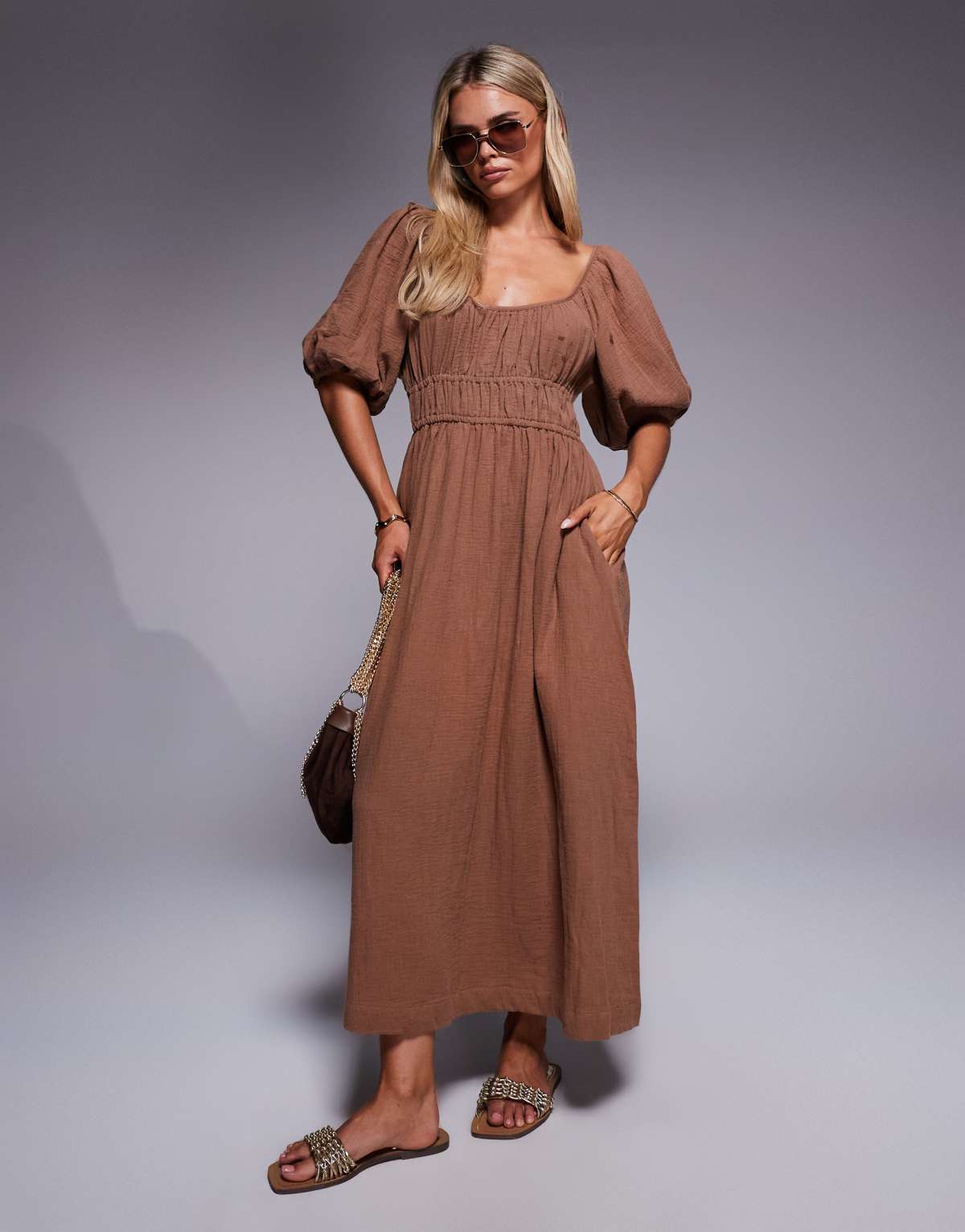 River Island petite puff sleeve linen look midi dress in stone