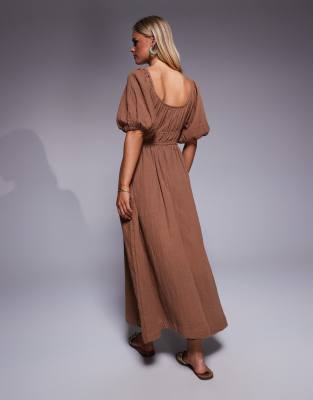 River Island Petite Puff Sleeve Linen Look Midi Dress