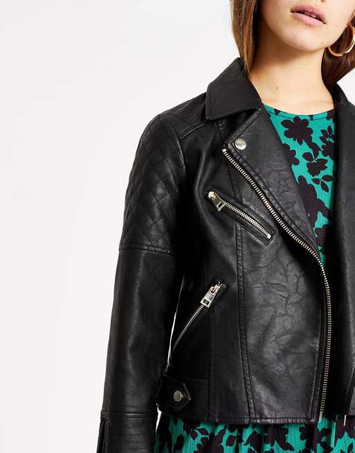 River island black quilted hot sale faux leather biker jacket