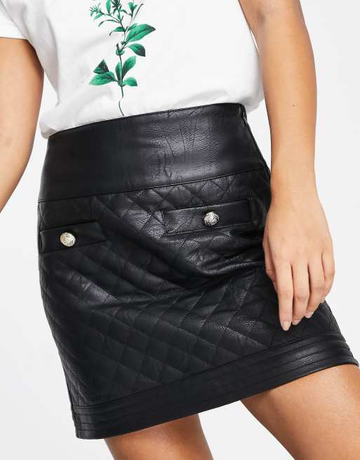 River Island Petite quilted faux leather mini skirt in black