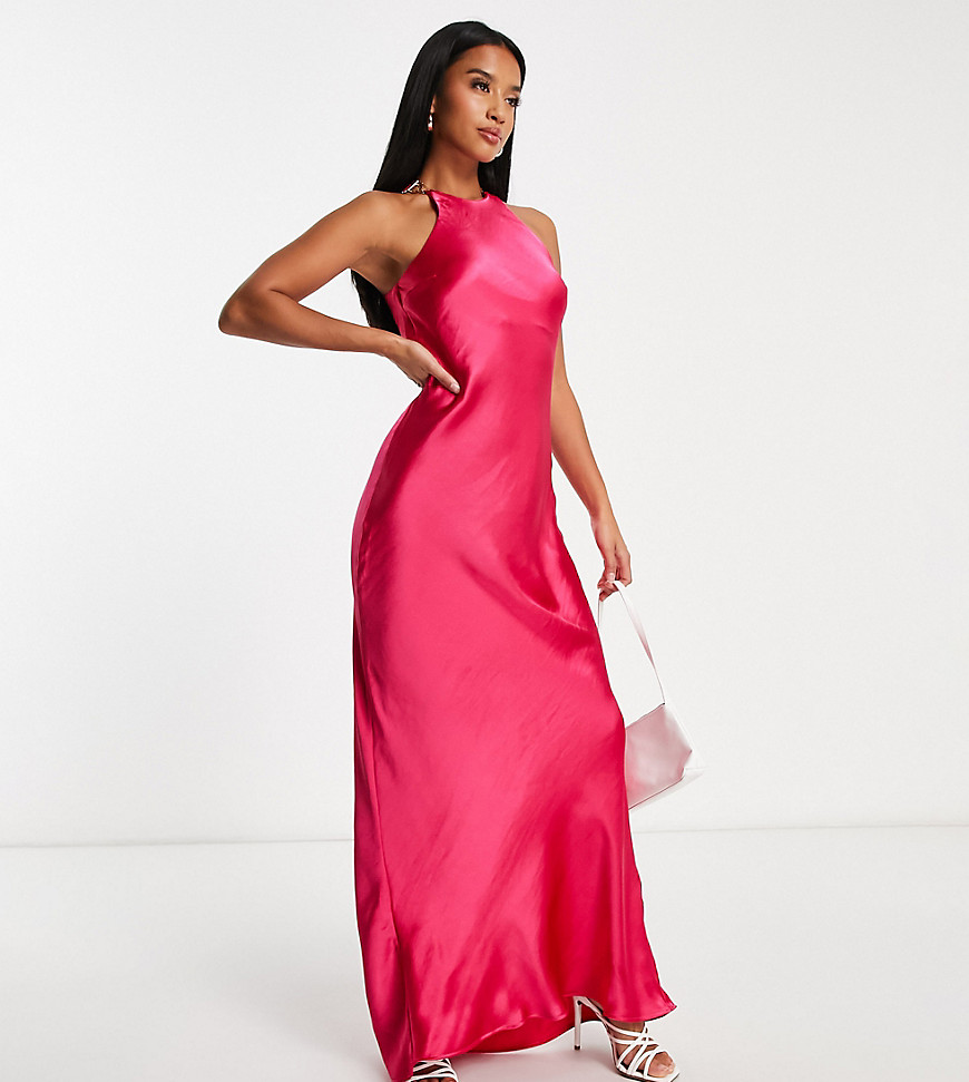 River Island Petite racer neck satin maxi dress in bright pink