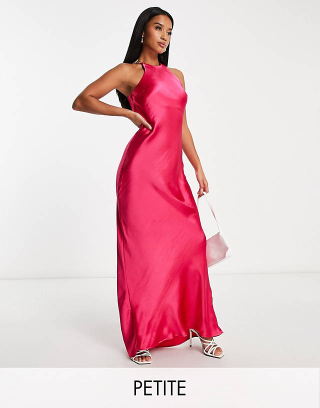 River Island Petite racer neck satin maxi dress in bright pink