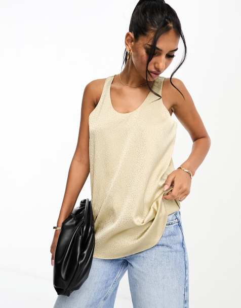 River Island Petite racer tank with scoop neck in gold - view 1