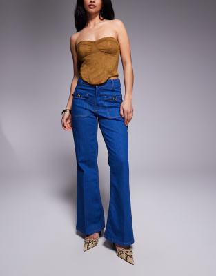 River Island Petite Relaxed Flare Jean in Bright Blue