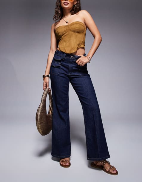 River Island Petite relaxed flare jeans in darkwash blue - view 1