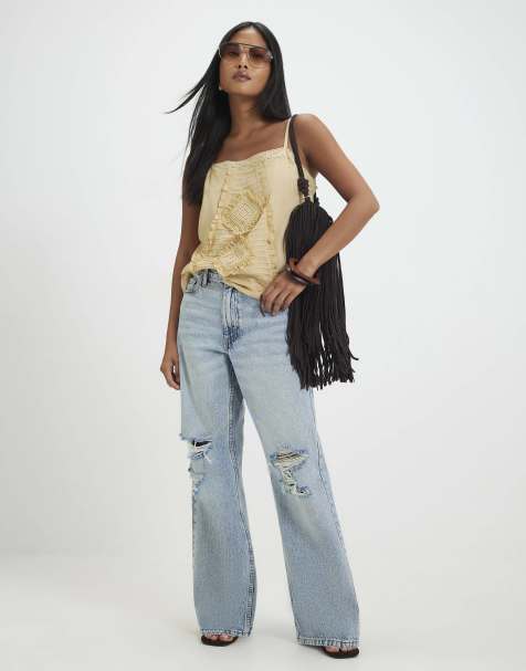River Island Petite Relaxed straight leg ripped jeans in medium blue - view 1