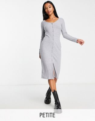 River Island Petite ribbed button front midi dress in grey