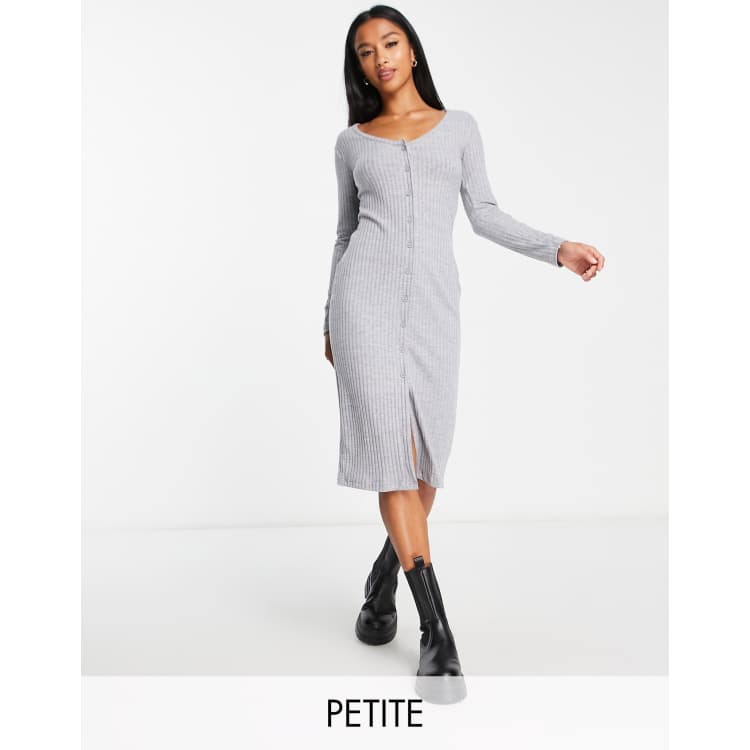 River Island Petite ribbed button front midi dress in grey | ASOS