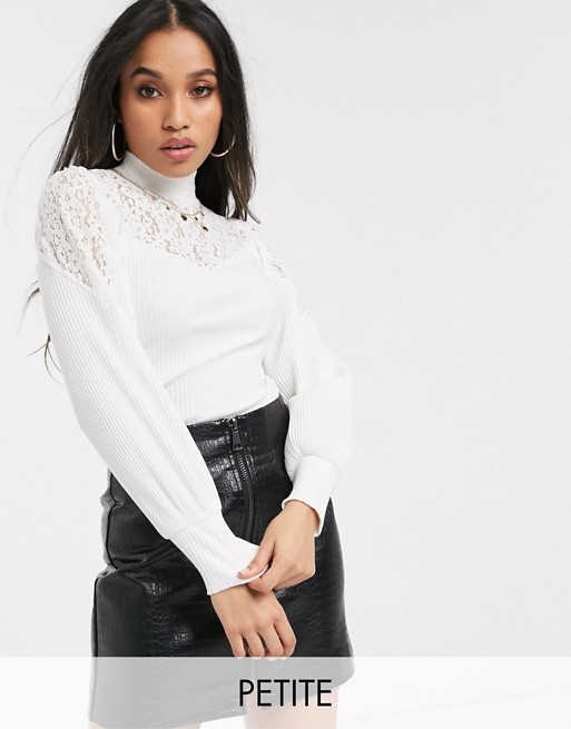River Island Petite ribbed high neck top with lace in white