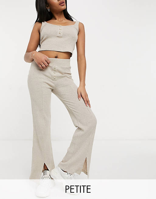 River Island Petite ribbed jersey flared co-ord trousers in oatmeal