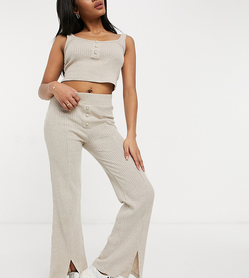 River Island Petite ribbed jersey flared pants in oatmeal - part of a set-White