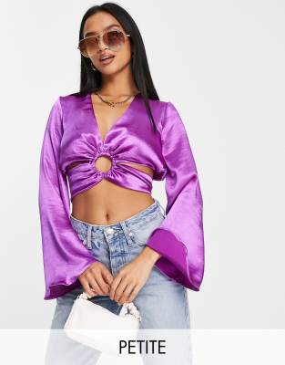 ring detail satin crop top in purple