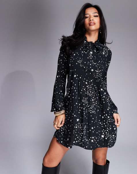 River Island Petite - Robe courte plissée à imprimé étoile - Noir - view 1