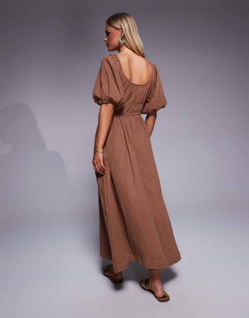 River Island Petite - Robe mi-longue en aspect lin avec manches bouffantes - Taupe, 2 de 4