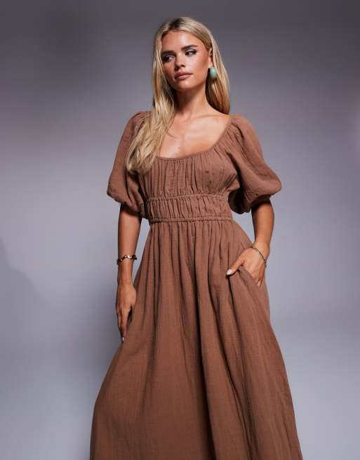 River Island Petite - Robe mi-longue en aspect lin avec manches bouffantes - Taupe, 4 de 4