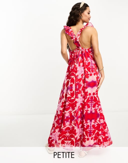 River Island Petite – Rotes Schlupfkleid mit Rüschenträgern und Blumenmuster in Rot