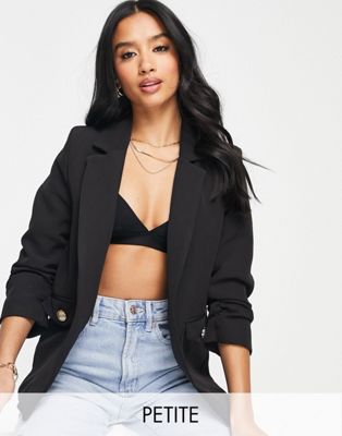 River Island Petite ruched sleeve blazer in black | ASOS