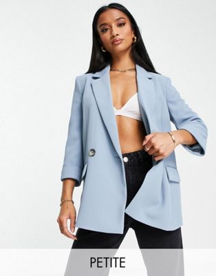 River Island Petite ruched sleeve blazer in light blue | ASOS