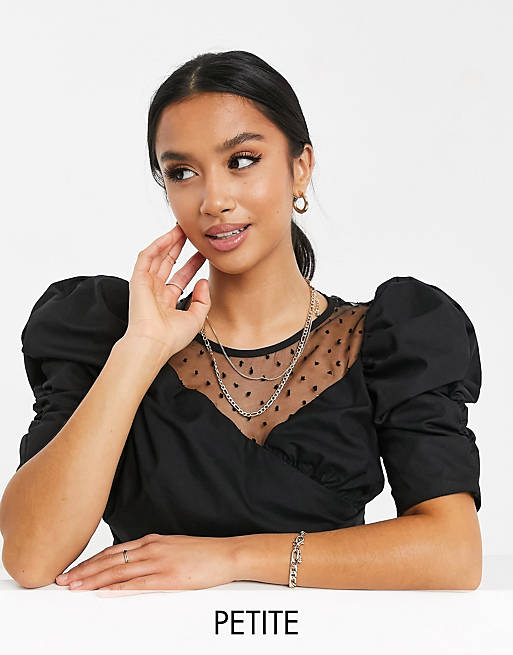 River Island Petite ruched sleeve dobby mesh cropped top in black