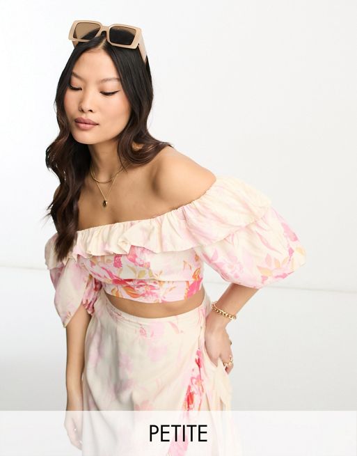 River Island Petite ruffle bardot crop top in pink floral (part of a set)