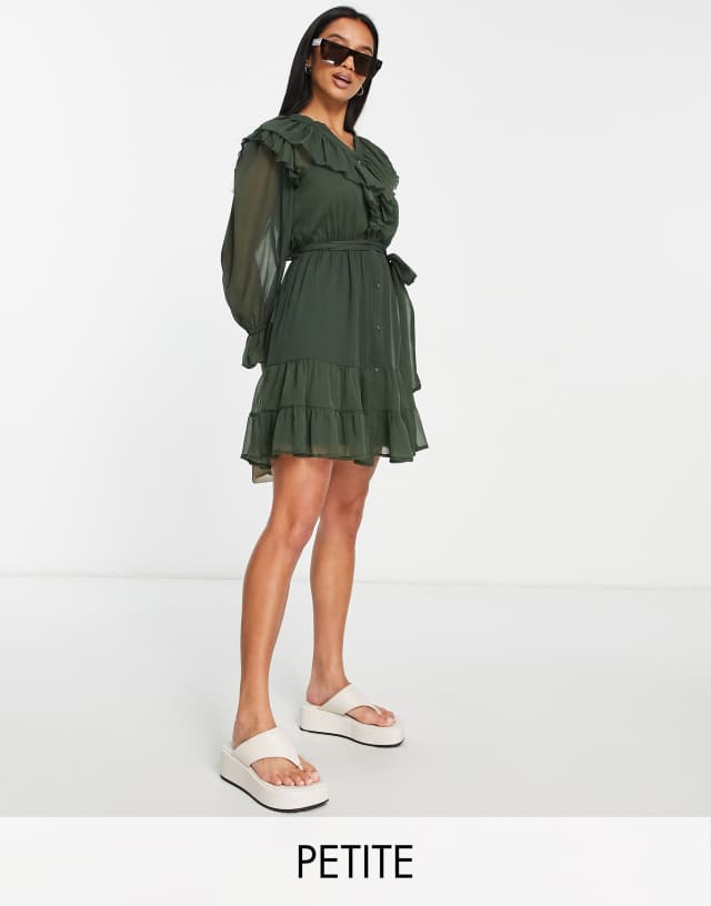 River Island Petite ruffle detail mini dress in khaki