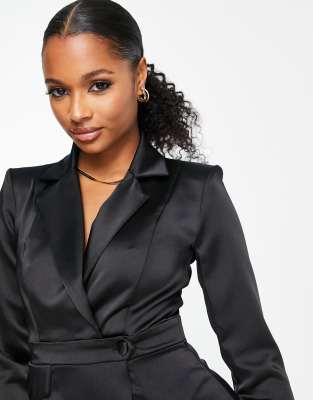 River Island Petite satin blazer mini dress in black | ASOS