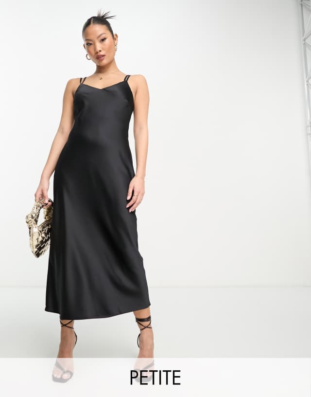 River Island Petite satin cowl neck midi dress in black